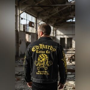 Ed Hardy Black Jacket with Vibrant Yellow Skull Design NWT XXL